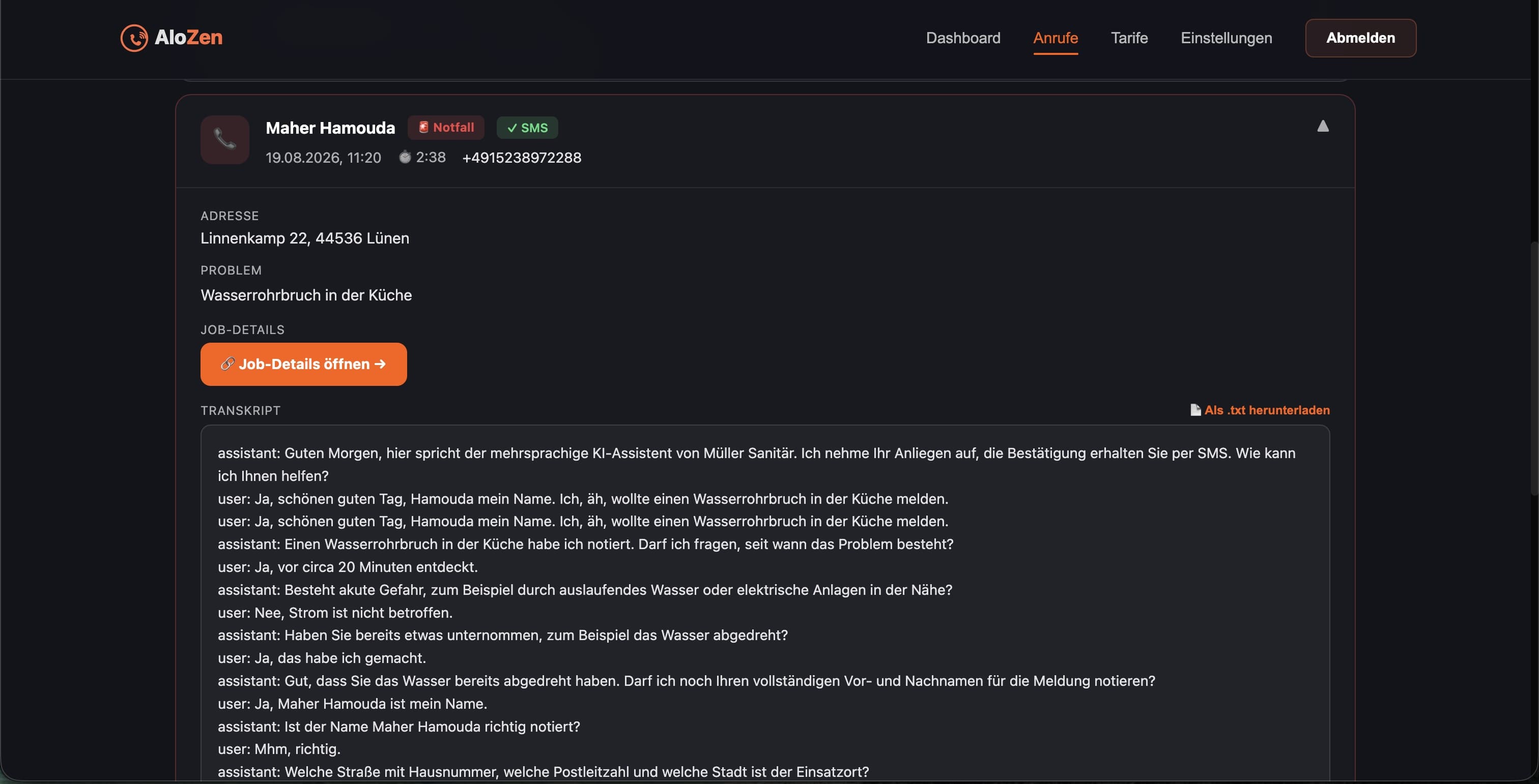 Echtes AloZen Dashboard, Anrufdetail: Badge, Adresse, Problem, vollständiges Transkript mit Download