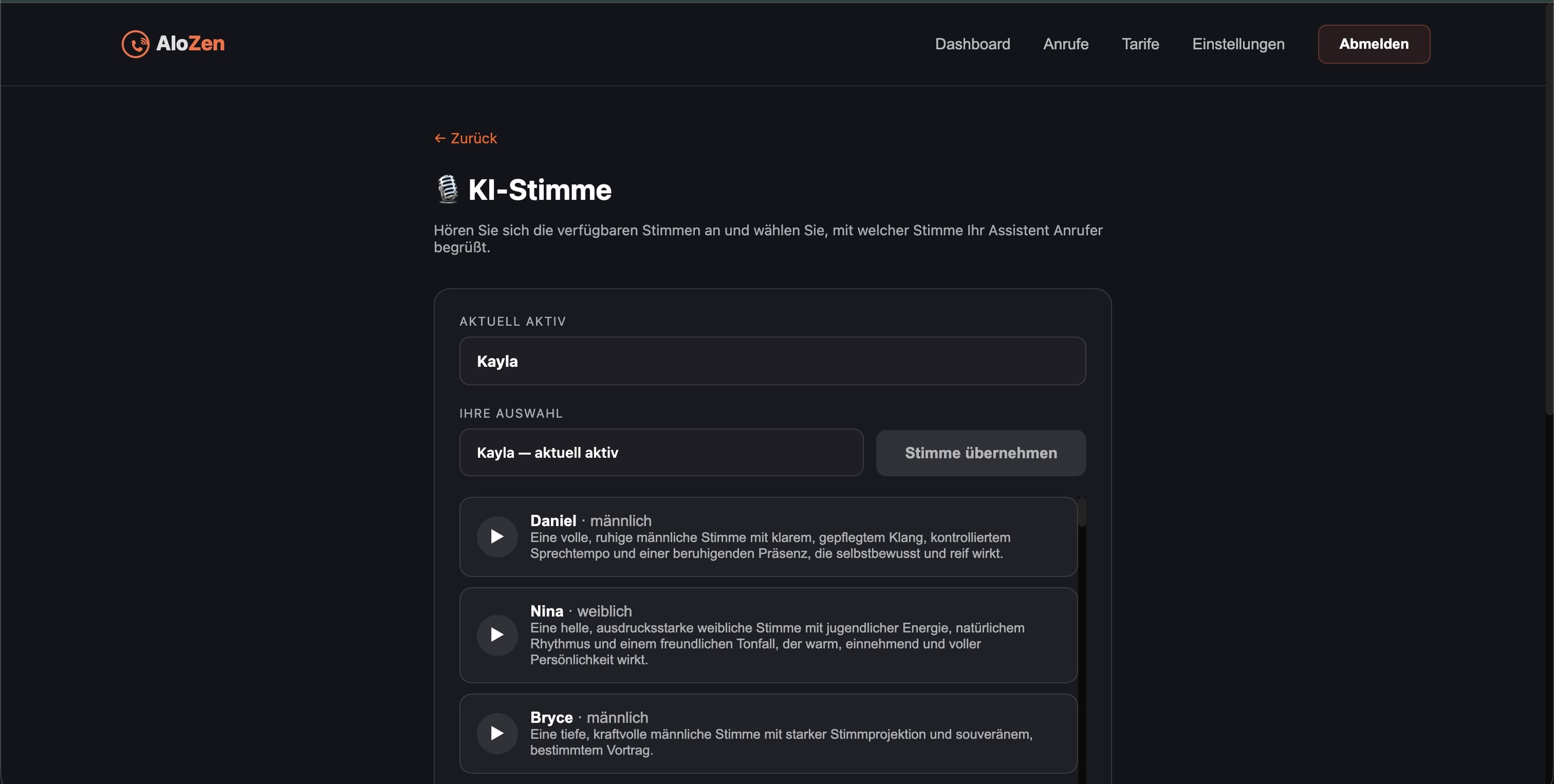 Echte AloZen Stimmwahl: KI-Stimme anhören und wählen, aktive Stimme mit Hörprobe