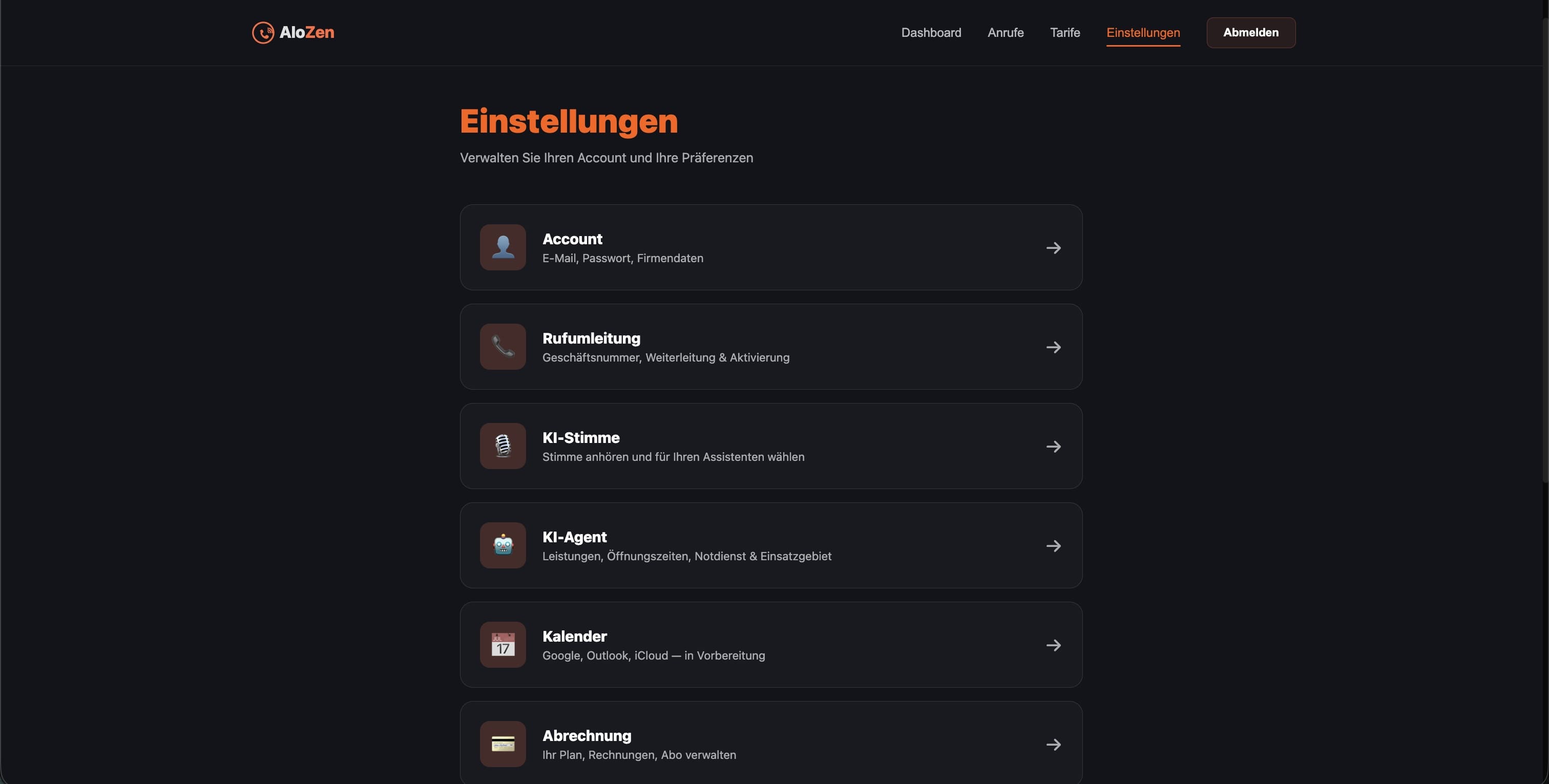 Echte AloZen Einstellungen: Rufumleitung, KI-Stimme, Leistungen, Öffnungszeiten, Notdienst, Einsatzgebiet, Kalender