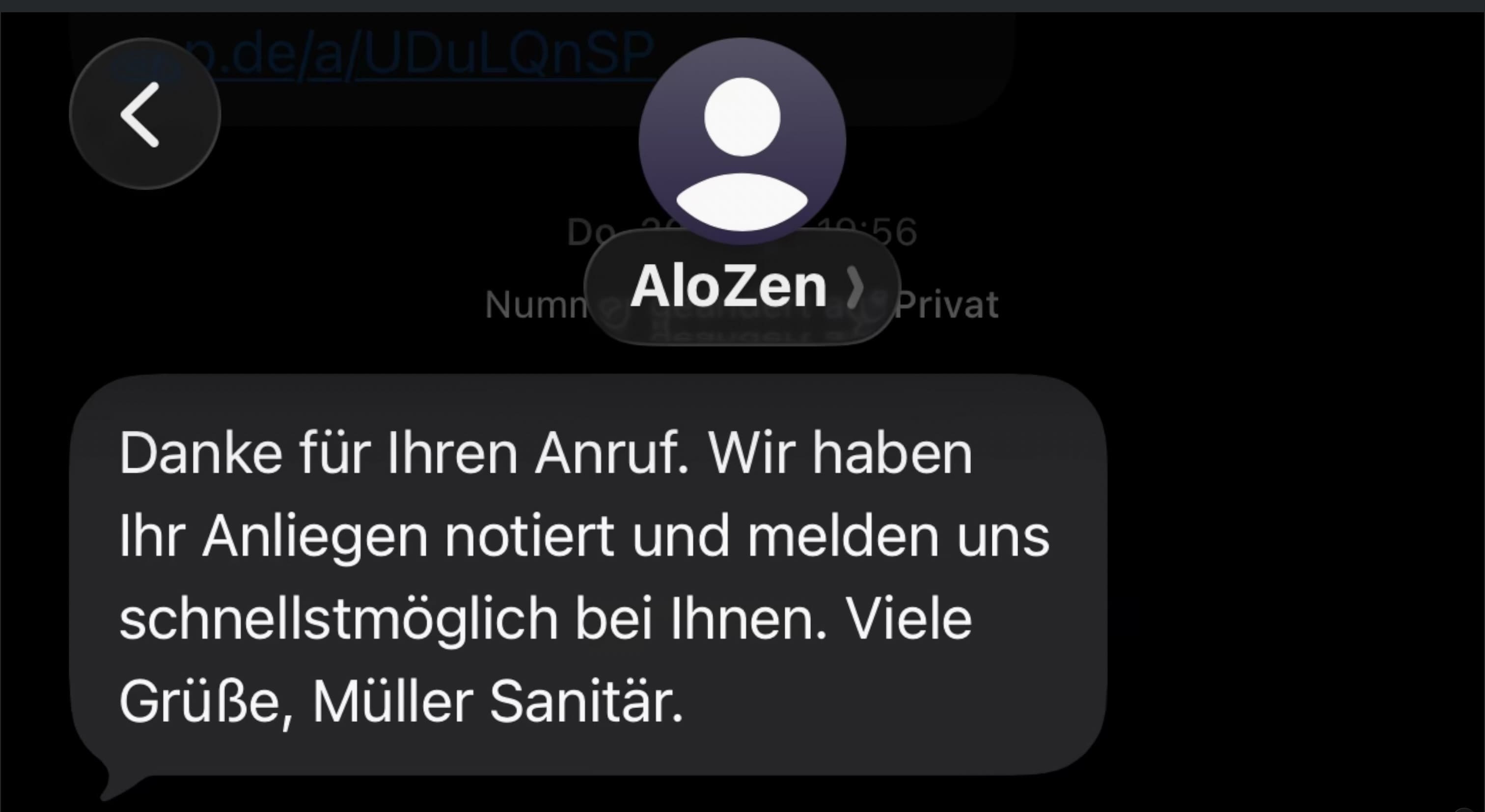 Echte SMS an den Anrufer: Danke für Ihren Anruf, wir haben Ihr Anliegen notiert. Viele Grüße, Müller Sanitär