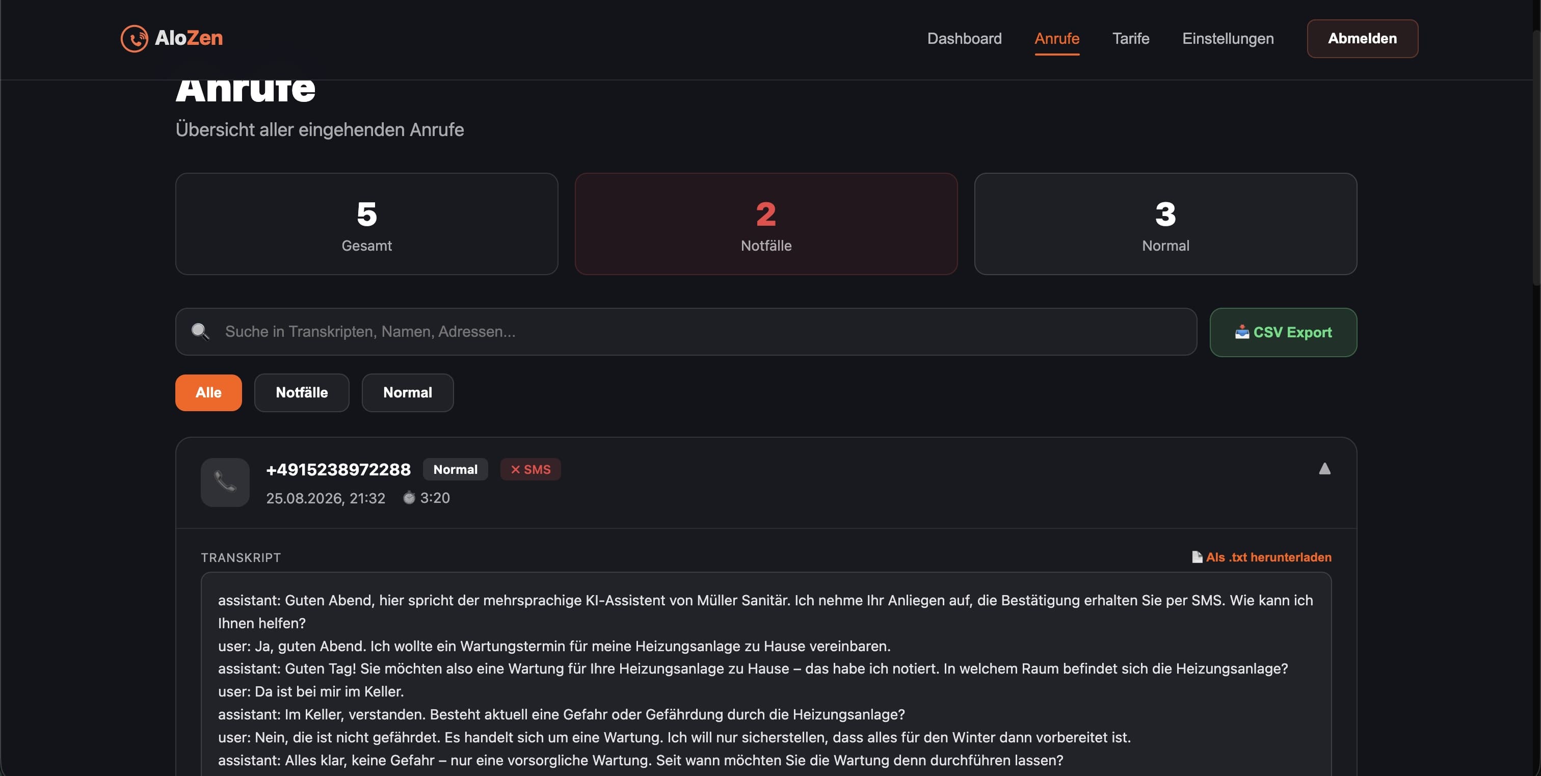 Echtes AloZen Dashboard, Anrufübersicht: 5 Anrufe gesamt, 2 Notfälle, 3 normal, Suche in Transkripten, CSV-Export