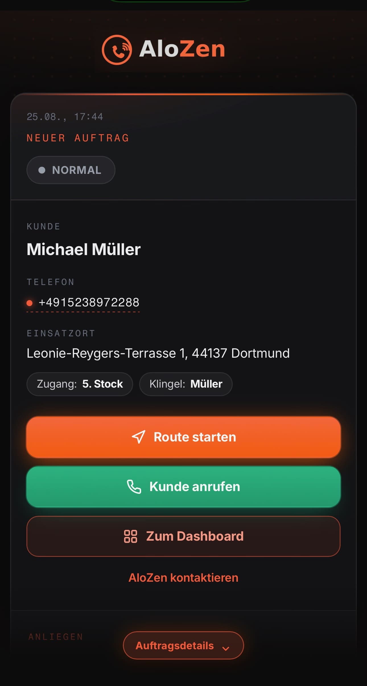 Echte AloZen Auftragskarte: Neuer Auftrag, normal, Michael Müller, Leonie-Reygers-Terrasse 1 in Dortmund, Zugang 5. Stock, Klingel Müller, Route starten, Kunde anrufen