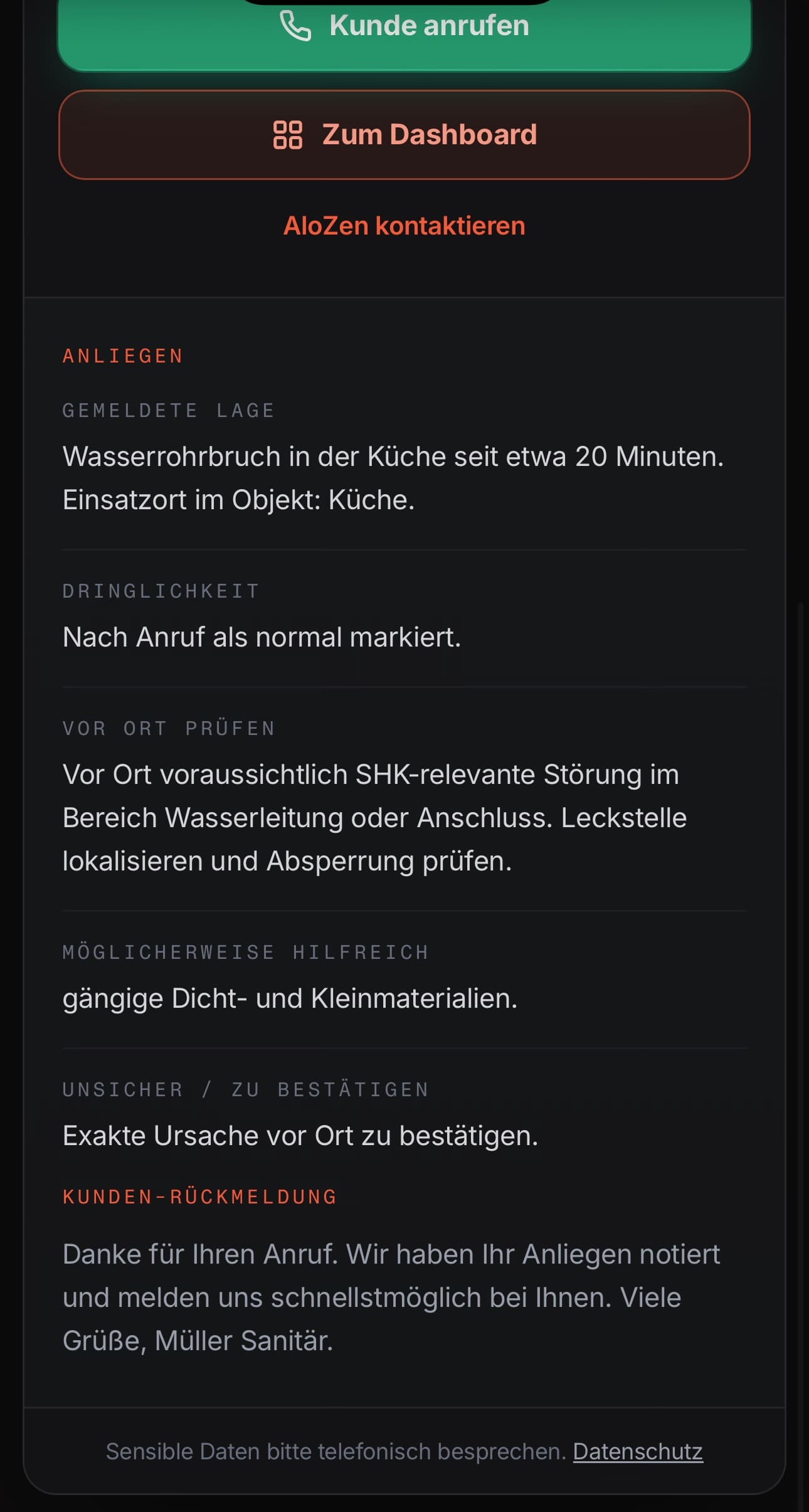 Echte Auftragskarte, Detail: gemeldete Lage, Dringlichkeit, vor Ort prüfen, möglicherweise hilfreich, unsicher und zu bestätigen
